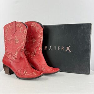 MaherX Leather Cowboy Boots Women 38 EU 7.5 US Red Mid-Calf Length Snip Western